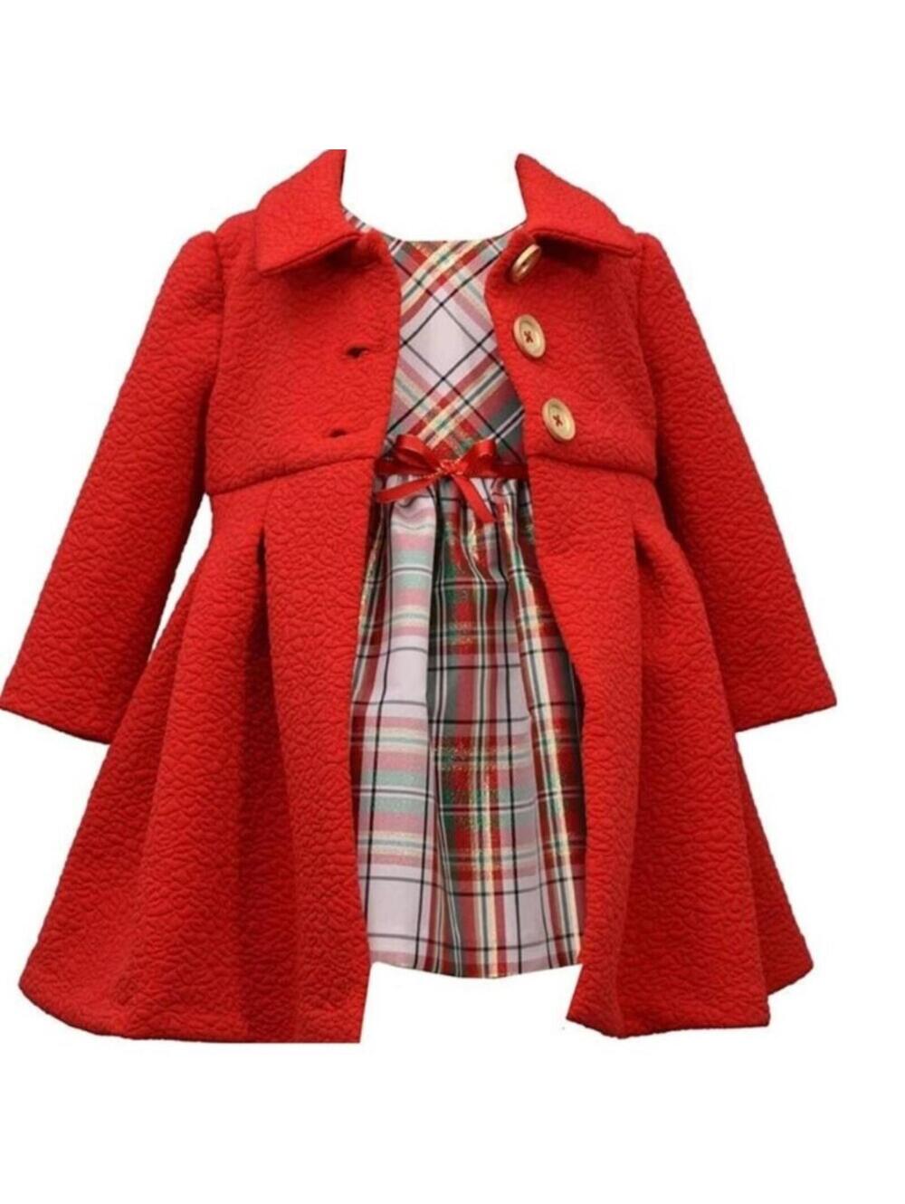 Bonnie Jean Christmas Dress & Coat 4 Girls Red Green Gold 2 Pc Party Holiday Set